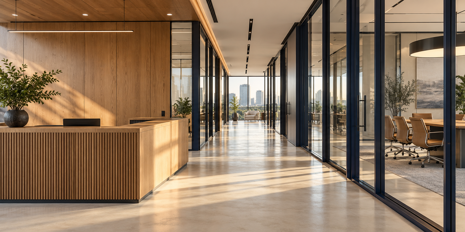 Illustrative contemporary commercial interior with oak finishes and glass offices